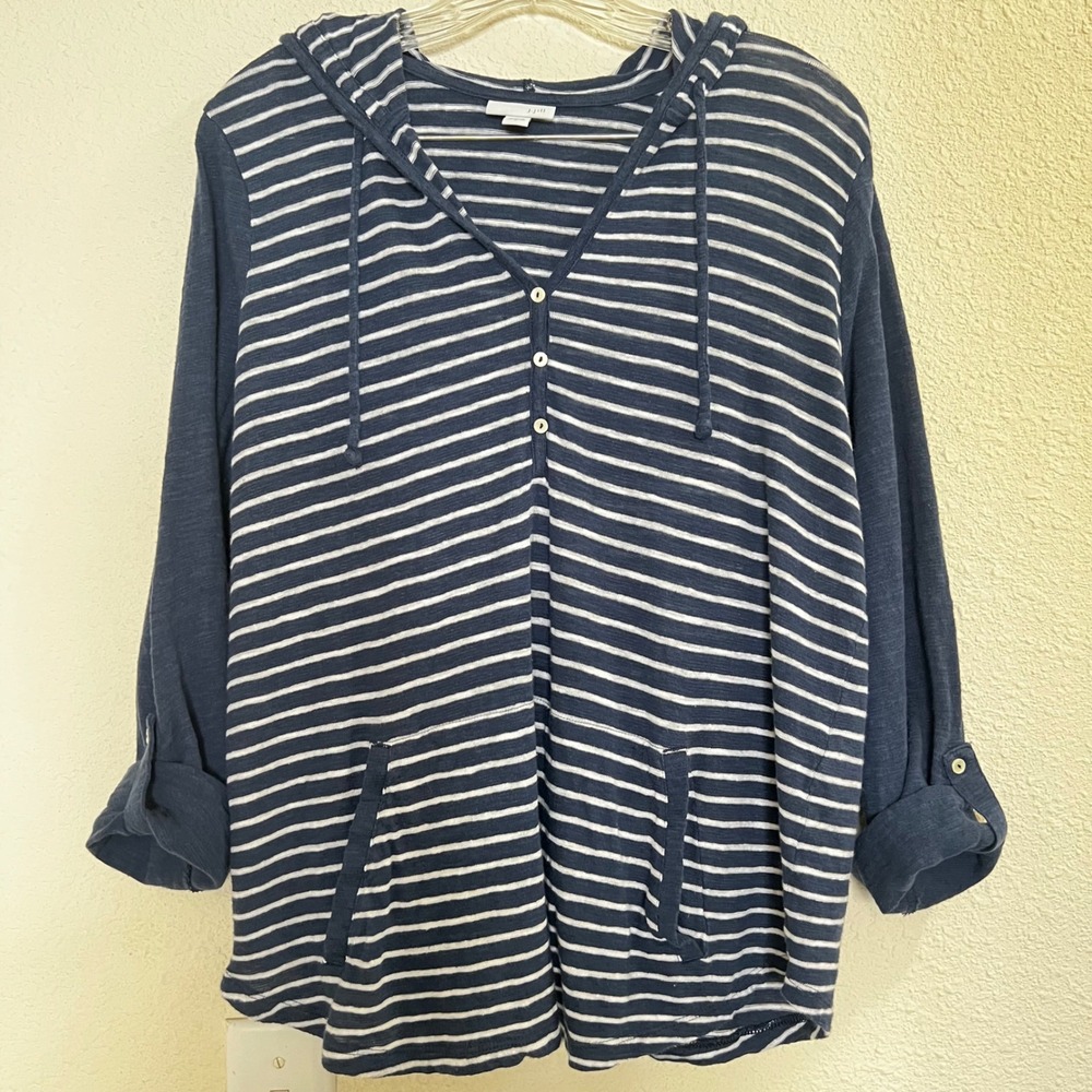 J. Jill Striped Linen Cotton Henley Hoodie Navy White Roll Tab Sleeve Small - Picture 3 of 14